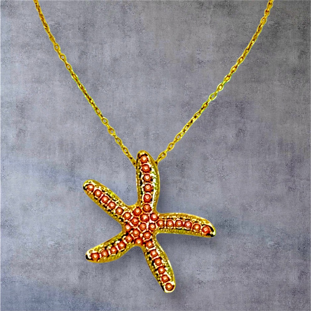 Starfish Pink and Gold Necklace with Pink Faux Pearl  Accents - Picture 6 of 9